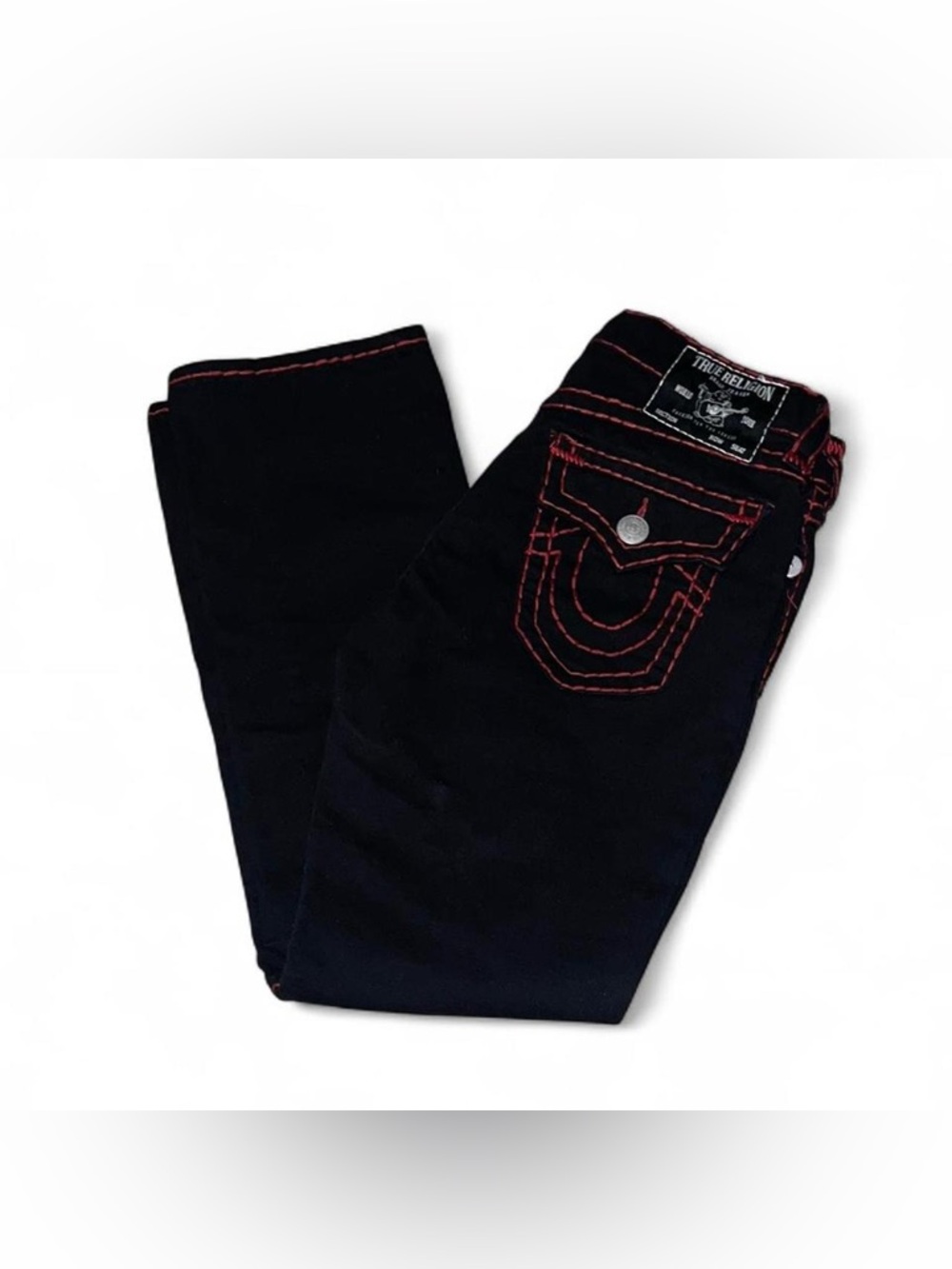 True Religion Relaxed Straight Black Denim Jeans Red Stitching 31x34